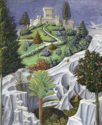 Landskap med et slott, detaljer fra prosesjonen av magikerkongens til Betlehem av Benozzo di Lese di Sandro Gozzoli