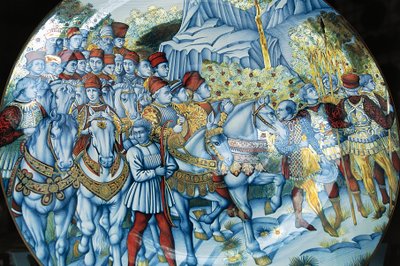 Majolica-plate som viser Procession of Magi, av Benozzo Gozzoli (ca. 1420-1497), Gualdo Tadino-håndverk, Umbria, Italia av Benozzo di Lese di Sandro Gozzoli