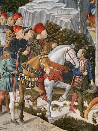 Portretter av Piero deMedici på et muldyr, Cosimo de Medici-senteret og hertugen Salviati på hesteryggen, detalj fra Journey of the Magi-syklusen i kapellet, ca. 1460 freskodetalj av 70619 av Benozzo di Lese di Sandro Gozzoli