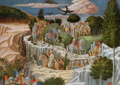 Prosesjon på hesteryggen ned en bakke, detalj fra Journey of the Magi-syklusen i kapellet, ca. 1460 freskomaleri av 70619 av Benozzo di Lese di Sandro Gozzoli