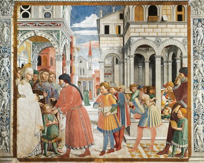 St Augustine tatt av foreldrene til grammatikklærer ved Tagaste, av Benozzo Gozzoli (1420-1497), freskomaleri, St. Augustine-kirken, San Gimignano (UNESCOs verdensarvliste av Benozzo di Lese di Sandro Gozzoli