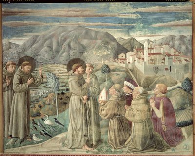St. Francis Preaching to the Birds and Blessing Montefalco, 1452 av Benozzo di Lese di Sandro Gozzoli