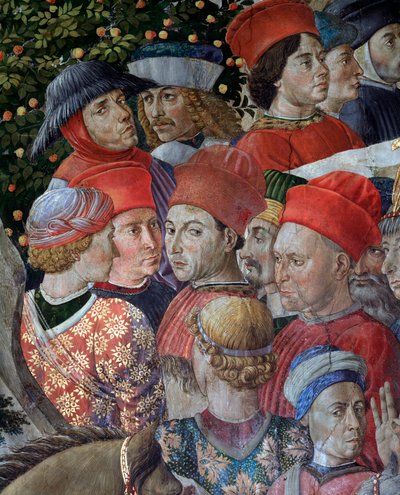 The Journey of the Magi Cortege of the Magi of Jerusalem a Bethleem “Viaggio dei Magi” eller “Cavalcata dei Magi” (detalj av ansikter i cortege of the Magi Magi) Fresco av Benozzo Gozzoli (1420-1497) av Benozzo di Lese di Sandro Gozzoli