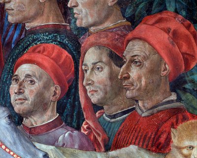 The Journey of the Magi Cortege of the Magi of Jerusalem a Bethleem “” Viaggio dei Magi”” eller “” Cavalcata dei Magi””” (detalj av ansikter i cortege of the Magi Magi) Fresco av Benozzo Gozzoli (1420-1497) av Benozzo di Lese di Sandro Gozzoli