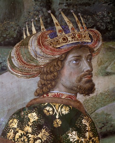 The Journey of the Magi Cortege of the Magi of Jerusalem to Betlehem kaller på italiensk "Viaggio dei Magi" eller "Cavalcata dei Magi" Detalj av Balthasar under trekkene til John VIII paleolog, bysantinsk keiser (John VII Palaiologos (eller Palaeologus)) F av Benozzo di Lese di Sandro Gozzoli