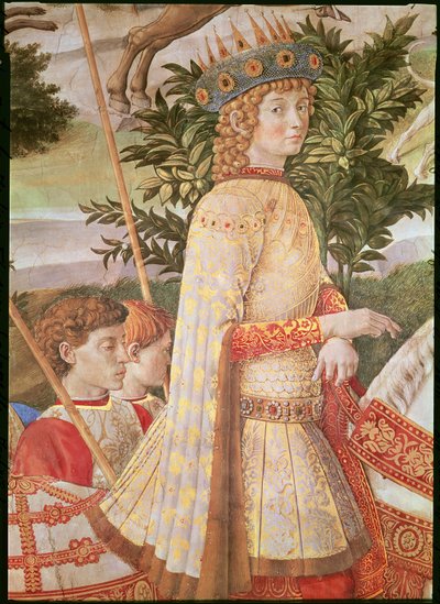 The Procession of the Magi, prosesjonen ledet av Lorenzo the Magnificent i form av Magus Caspar, detalj av Lorenzo de