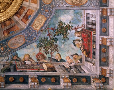 Damer, musikere og amoriner på balkongen, detalj av takfreskomaleri, av Garofalo (1481-1559), Skattkammer, Ludovico il Moro-palasset eller Costabili-palasset, Ferrara, Italia av Benvenuto Tisi da Garofalo
