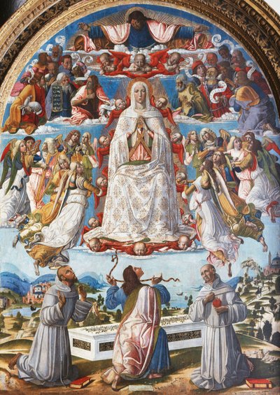 The Assumption of the Virgin med Saint Thomas som mottar beltet mellom de hellige Frans av Assisi og Anthony av Padua, 1480-tallet av Benvenuto di Giovanni