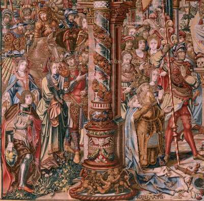 flamsk billedvev. Serien The Honours. Tro (La Fe). Første billedvev i serien. Modelltegnere fra kretsen til Bernard van Orley og Jan Gossaert (Mabuse). Produksjon Pieter van Aelst, Brussel. Ca 1550. Stoff Gull, sølv, silke og ull. av Bernaert van (circle of) Orley