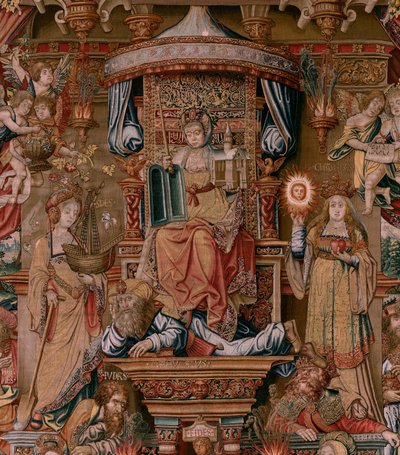 flamsk billedvev. Serien The Honours. Tro (La Fe). Første billedvev i serien. Modelltegnere fra kretsen til Bernard van Orley og Jan Gossaert (Mabuse). Produksjon Pieter van Aelst, Brussel. Ca 1550. Stoff Gull, sølv, silke og ull. av Bernaert van (circle of) Orley
