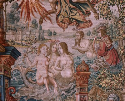 flamsk billedvev. Serien The Honours. Berømmelse (La Fama). Tredje billedvev i serien. Modelltegnere fra kretsen til Bernard van Orley og Jan Gossaert (Mabuse). Produksjon Pieter van Aelst, Brussel. Ca 1550. Stoff Gull, sølv, silke og ull. av Bernaert van (circle of) Orley