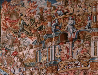 flamsk billedvev. Serien The Honours. Berømmelse (La Fama). Tredje billedvev i serien. Modelltegnere fra kretsen til Bernard van Orley og Jan Gossaert (Mabuse). Produksjon Pieter van Aelst, Brussel. Ca 1550. Stoff Gull, sølv, silke og ull. av Bernaert van (circle of) Orley