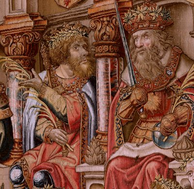 flamsk billedvev. Serien The Honours. Ære (El Honor). Andre billedvev i serien. Modelltegnere fra kretsen til Bernard van Orley og Jan Gossaert (Mabuse). Produksjon Pieter van Aelst, Brussel. Ca 1550. Stoff Gull, sølv, silke og ull. av Bernaert van (circle of) Orley