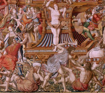 flamsk billedvev. Serien The Honours. Infamy (La Infamia). Sjette billedvev i serien. Modelltegnere fra kretsen til Bernard van Orley og Jan Gossaert (Mabuse). Produksjon Pieter van Aelst, Brussel. Ca 1550. Stoff Gull, sølv, silke og ull. av Bernaert van (circle of) Orley