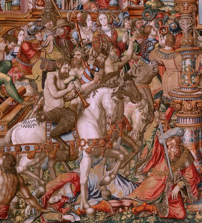 flamsk billedvev. Serien The Honours. Infamy (La Infamia). Sjette billedvev i serien. Modelltegnere fra kretsen til Bernard van Orley og Jan Gossaert (Mabuse). Produksjon Pieter van Aelst, Brussel. Ca 1550. Stoff Gull, sølv, silke og ull. av Bernaert van (circle of) Orley