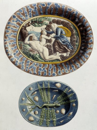 Gud skaper Eva på Adams lår; Lizard - Keramiske retter, i "The work of Bernard Palissy" av C. Delange og C. Borneman, Paris av Bernard (after) Palissy