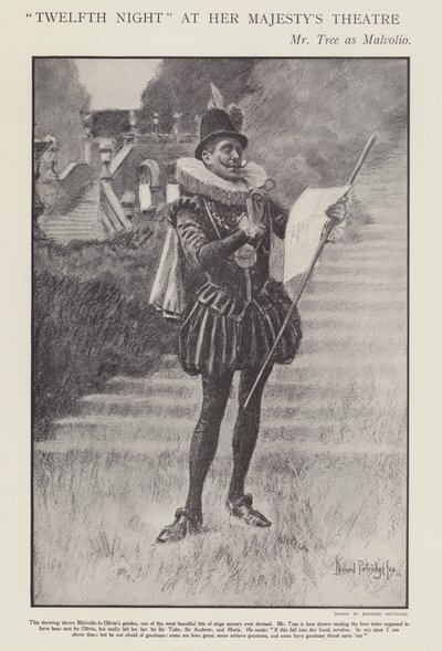 Herbert Beerbohm Tree som Malvolio i en produksjon av Shakespeares Twelth Night på Her Majesty's Theatre, London (litho) av Bernard (after) Partridge
