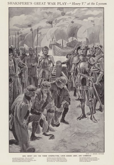 Scene fra en produksjon av Shakespeares Henry V på Lyceum Theatre, London (litho) av Bernard (after) Partridge