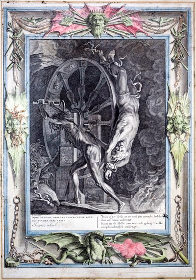Ixion bundet til det evig svingende ildhjulet (farget gravering) av Bernard (after) Picart