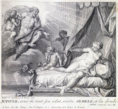 Jupiter (Zeus) brenner Semele med lynet sitt. Gravering av 1700-tallet etter tegningen av B. Picart laget i 1708. av Bernard (after) Picart