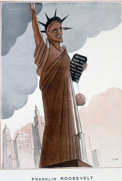 Tegneserie av Franklin Roosevelt i Frihetsgudinnen - Illustrasjon av Bernard Becan (Bernhard Kahn) (1890-1943) I "" Fantasio""" fra 01.12.1932 av Bernard Becan
