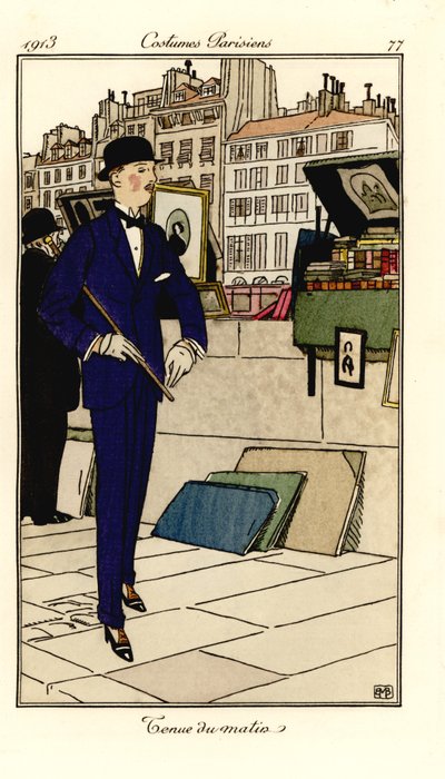 Mann i dress, bowlerhatt og stokk går forbi bokhandlere på Seinen. Morgenantrekk. Håndfarget pochoir (stensil) etsning etter en illustrasjon av Bernard Boutet de Monvel fra Tommaso Antonginis Journal des Dames et des Modes, Aux Bureaux du Journa av Bernard Boutet de Monvel