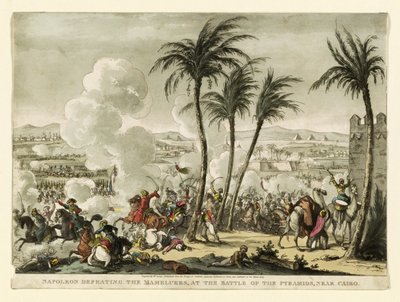Napoleon beseiret mamelukkene i slaget ved pyramidene, nær Kairo, gravert av George Cruikshank (1769-1823), pub. 1823 (håndfarget gravering) av Bernard Edouard Swebach