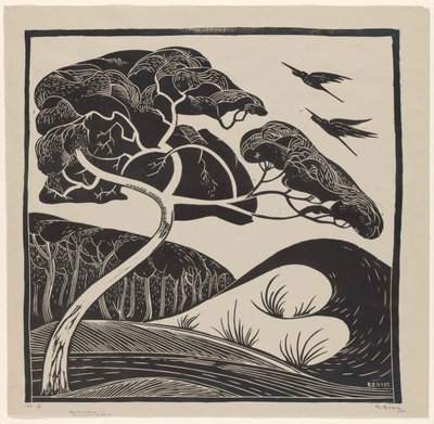 Sanddynelandskap (tittel på objekt) Tre med 2 hegre (tittel på objekt) av Bernard Essers (signed by artist)