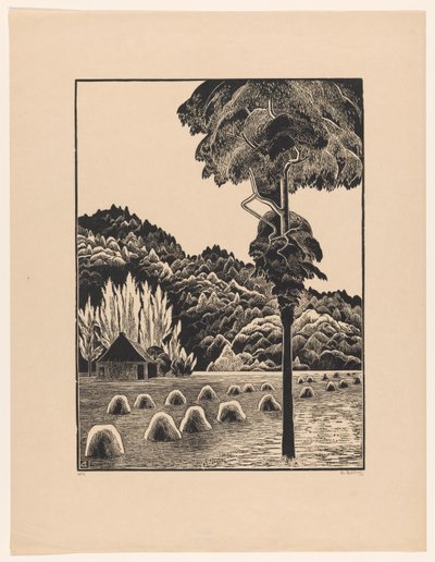 Sanddynelandskap med høystakker av Bernard Essers (signed by artist)