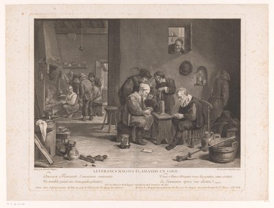 Krointeriør med kortspillfigurer Les Francs Maçons Flamands en Loge (tittel på objekt) av Bernard François Lépicié