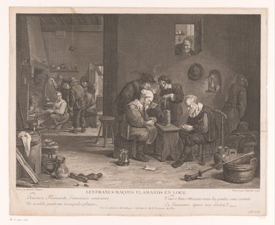 Krointeriør med kortspillfigurer Les Francs Maçons Flamands en Loge (tittel på objekt) av Bernard François Lépicié