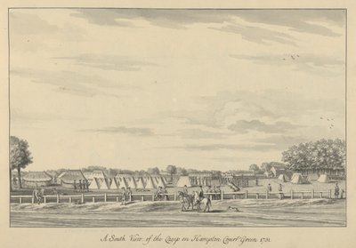 En sørlig utsikt over leiren på Hampton Court Green 1731, 1731-33 (penn og svart blekk og vask på lagt papir) av Bernard III Lens