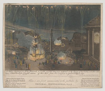 Fyrverkeri i Covent Garden, 1809 (etsing og akvatint, håndfarget) av Bernard II Lens
