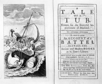 Frontispice og tittelside til A Tale of a Tub av Jonathan Swift, gravert av John Sturt, 1704 av Bernard II Lens