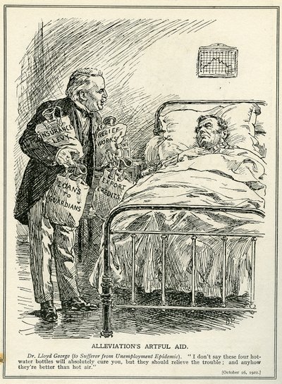 Dr Lloyd George foreslår å kurere den lidende fra arbeidsledighetsepidemien med fire varmtvannsflasker, 