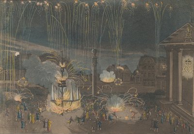 En perfekt beskrivelse av fyrverkeriet i Covent Garden som ble fremført under ansvar for..., 1809. av Bernard Lens