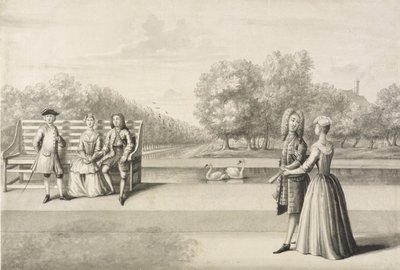Figurer på bredden av Long Water, Hampton Court Palace (grå vask med penn og blekk over blyant på papir) av Bernard Lens