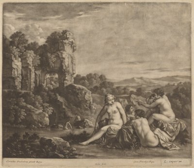 Badende i et landskap av Bernard Lens, after Cornelis van Poelenburch