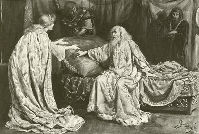 Frøken Ellen Terry som Cordelia, Mr Henry Irving som King Lear (gravyr) av Bernard Partridge