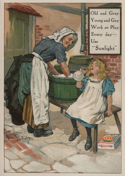 Ung jente som blåser bobler mens bestemoren vasker: reklame for Sunlight-såpe av Bernard Partridge