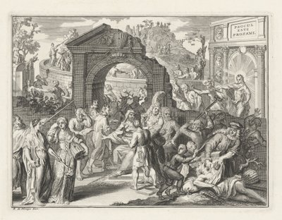 Tegneserie om teaterslaget, ca. 1685 av Bernard Picart (attributed to)