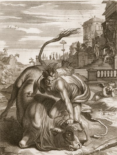 Achelous in the Shape of a Bull er beseiret av Hercules, 1731 av Bernard Picart
