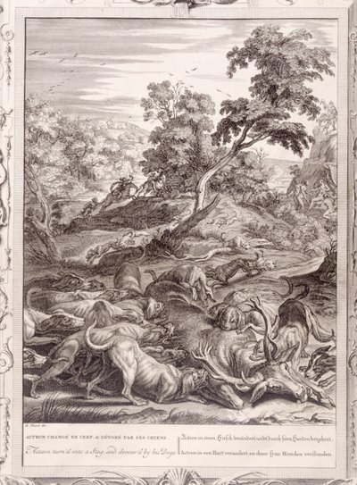 Actaeon forvandlet til en hjort og fortært av sine hunder, 1731 av Bernard Picart