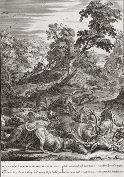 Actaeon ble til en hjort, og slukte av hundene sine, 1731 av Bernard Picart