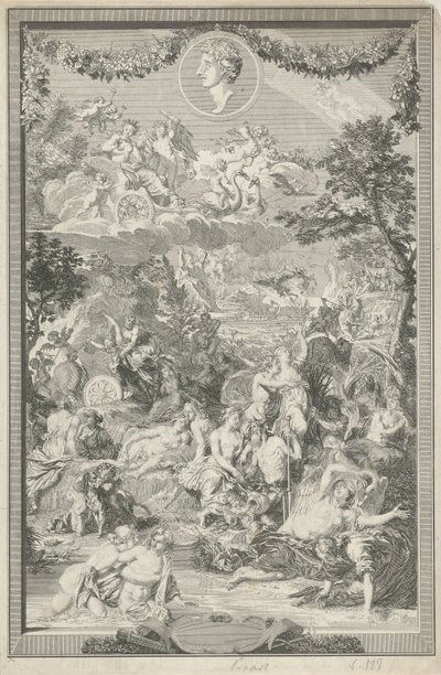 Allegorisk tittelside med ulike scener fra Ovids metamorfoser og hans portrett av Bernard Picart