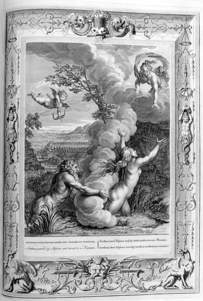 Arethusa forfulgt av Alpheus og omgjort til en fontene, 1733 av Bernard Picart