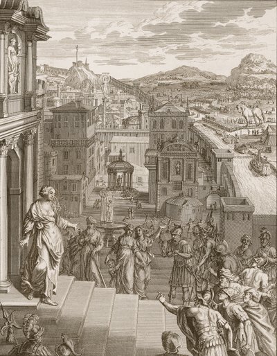 Cassandra forutsier trojanerne deres skjebne og blir ikke trodd, 1731 av Bernard Picart