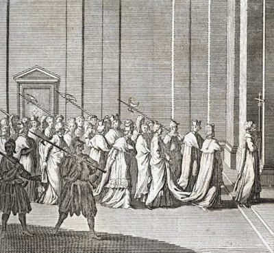 Ulike stadier av konklavet, møte med kardinaler for valg av en ny pave: kardinalenes inngang i det sixtinske kapell (Vatikanet: kardinalenes inngang) Gravering fra "Illustrasjon av seremonier og religiøse skikker for alle folkeslag av Bernard Picart