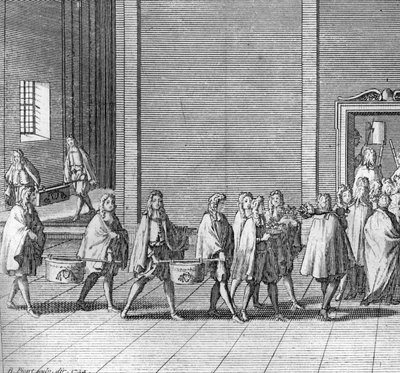 Ulike stadier av konklavet, møte med kardinalene for valg av en ny pave: rasjonene blir laget under konklavet (Vatikanet: ankomst av mat under konklavet) Gravering fra "" Illustrasjon av religiøse seremonier og skikker for alle mennesker av Bernard Picart