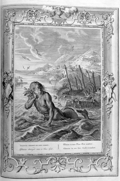 Glaucus forvandler seg fra mann til havgud (gravering) av Bernard Picart